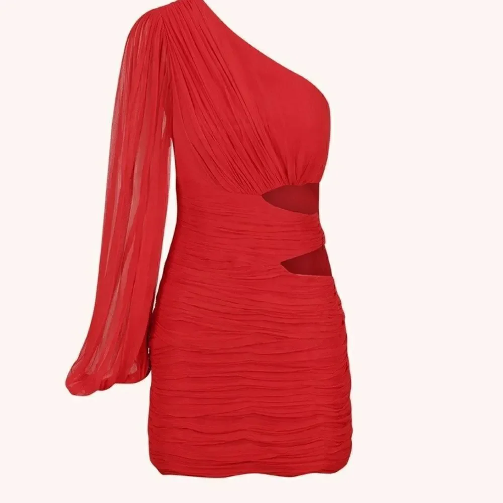 Free People Shona Joy Margot One Shoulder Cut Out Mini Dress - Sailor Red Size 8